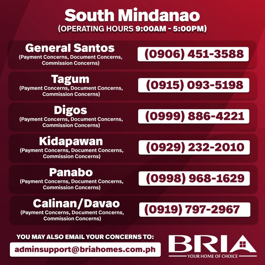 Bria South Mindanao Numbers affordable house and lot