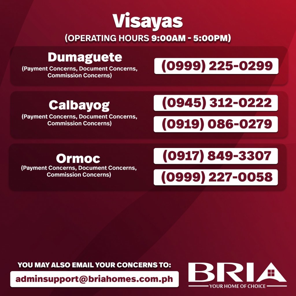 Bria Dumaguete Calbayog Ormoc Numbers affordable house and lot