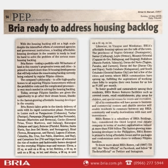 Bria Highlights Affordable City Living with Condo Development Want to Buy That Trendiest Phone? THINK AGAIN Buying a Home in the City - Can you Afford it? Bria Builds Five New Projects Nationwide Bria Answers to the Country's Call for Quality Yet Practical Homes Bria ready to address housing backlog