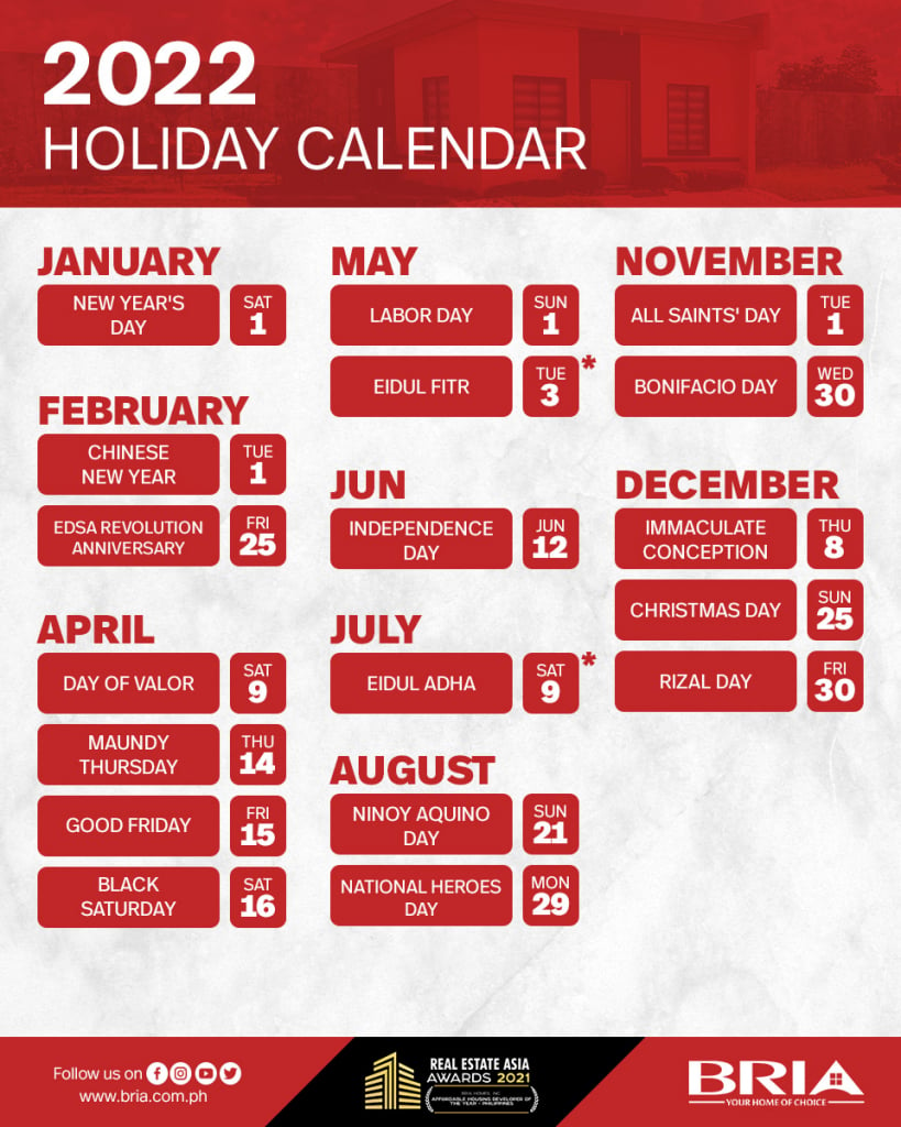 2022 Holiday Calendar Bria Homes